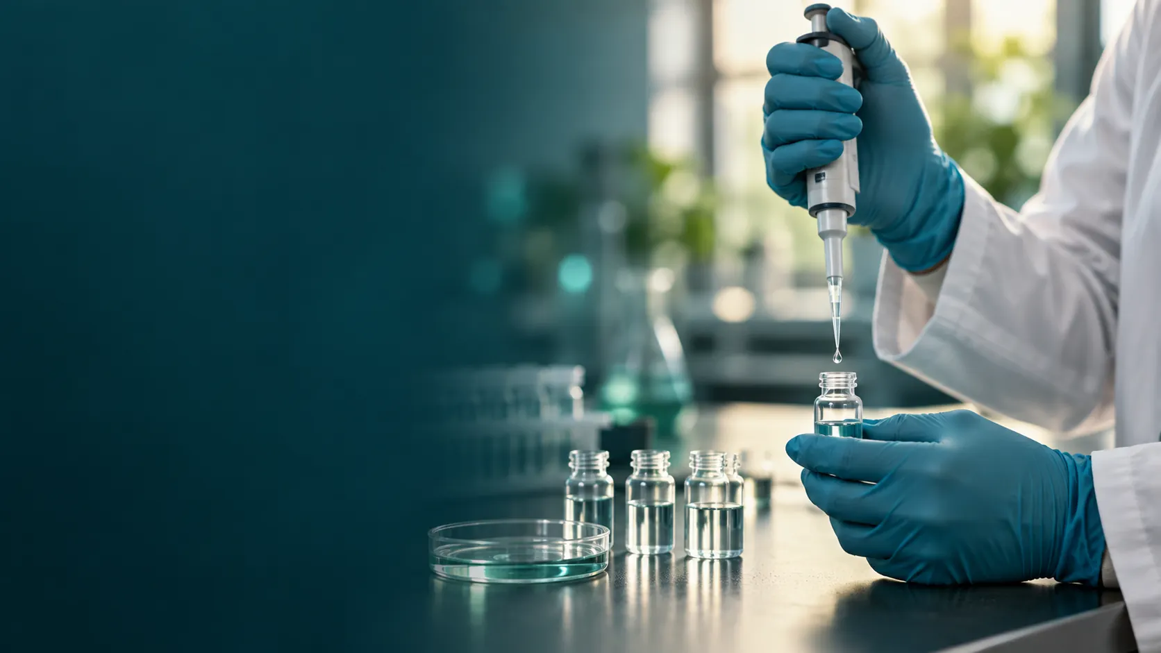 Pipet ve numune şişeleriyle araştırmayı anlatan temsili laboratuvar görseli